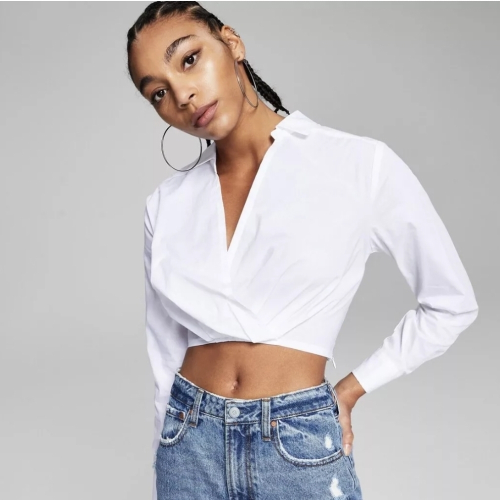 Cropped White Wrap-Front Button Shirt - Women